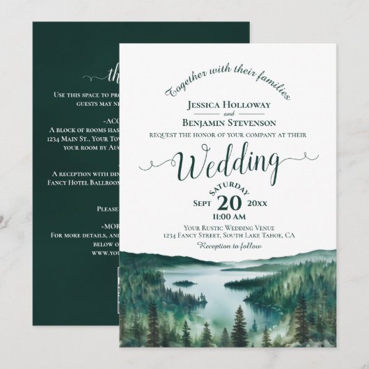 Invitation Calligraphie Élégante Lac Tahoe Code QR Mariage (Devant / Derrière)