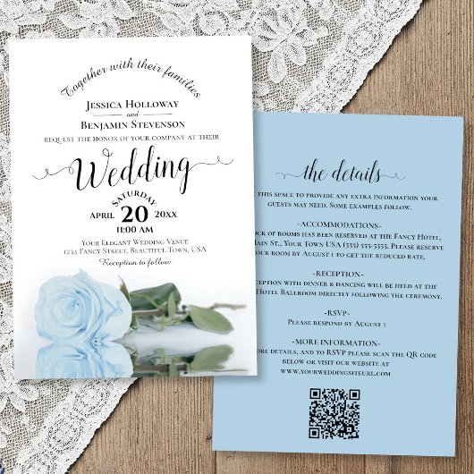 Invitation Calligraphie Élégante Rose Bleu Clair Code QR Mari