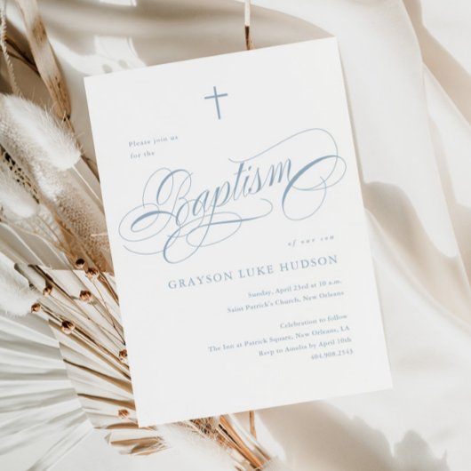 Invitation Calligraphie élégante script Bleu poussiéreux Bapt