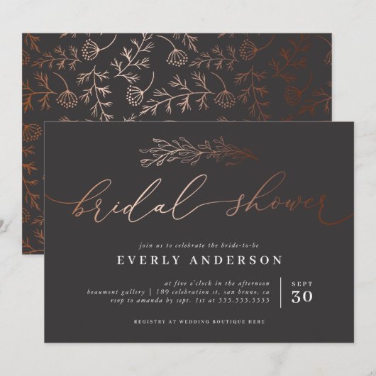 Invitation Calligraphie en cuivre chic | Fête des mariées élé (Devant / Derrière)