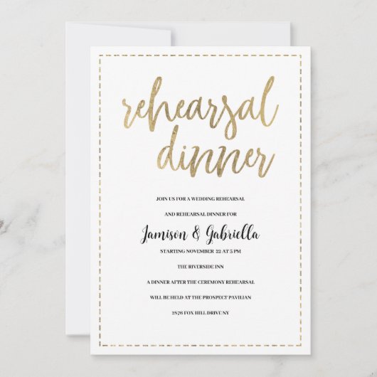 Invitation Calligraphie en or blanc simple Répétition Dîner (Devant)