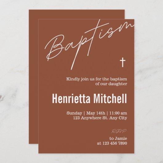 Invitation Calligraphie en terre cuite moderne Baptême (Devant / Derrière)