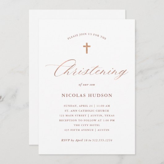 Invitation Calligraphie et croix d'or Faux Rose| Brise (Devant / Derrière)