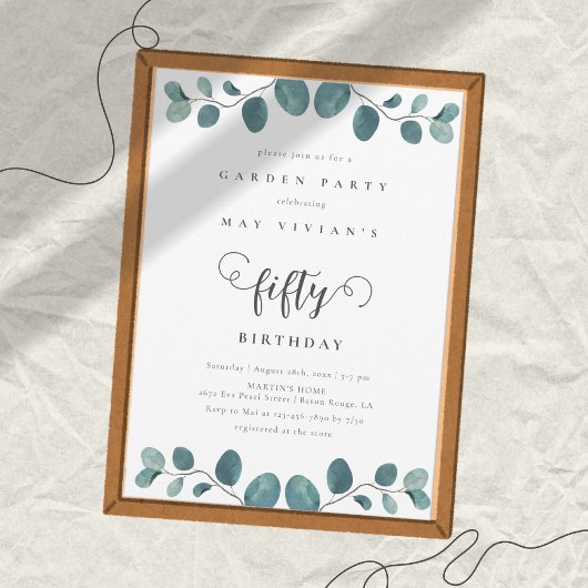 Invitation Calligraphie Eucalyptus Jardin Fête Anniversaire