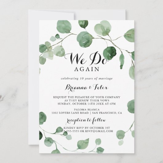 Invitation Calligraphie Eucalyptus Nous Refaisons Vow Renouve (Devant)