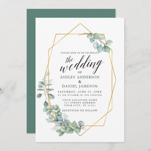 Invitation Calligraphie Eucalyptus Verdure Mariage de cadre O (Devant / Derrière)