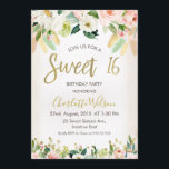 Invitation Calligraphie Floral Boho 16e anniversaire Invitati<br><div class="desc">Cette invitation à l'anniversaire de sweet sixteen bohème présente quelques arrangements floraux et plume. J'ai ajouté quelques fleurs dans la partie inférieure du design ainsi que quelques faux points d'or. La fausse feuille d'or calligraphie sucré 16 titre fait partie de l'image et ne peut pas être édité. D'autres invitations de...</div>