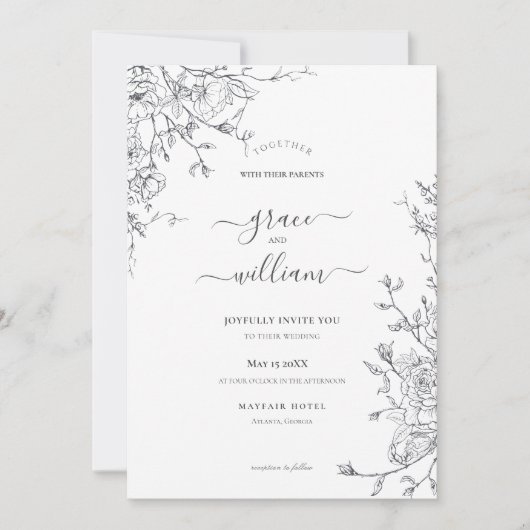 Invitation Calligraphie florale blanc gris Mariage (Devant)