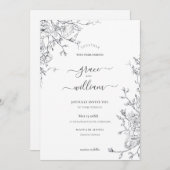 Invitation Calligraphie florale blanc gris Mariage (Devant / Derrière)