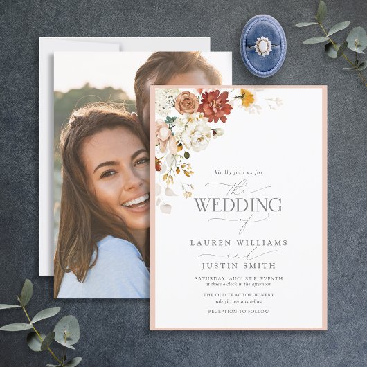 Invitation Calligraphie florale chaude Mariage photo