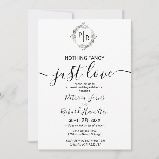 Invitation Calligraphie Florale Monogramme Photo Mariage (Devant)