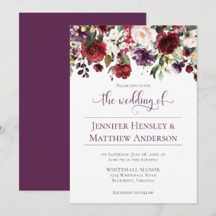 Invitation Calligraphie florale rouge, violette, blanche et v