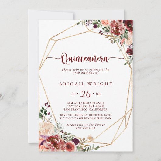 Invitation Calligraphie florale rustique été Quinceañera (Devant)