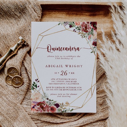 Invitation Calligraphie florale rustique été Quinceañera