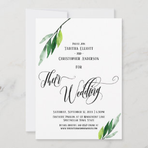 Invitation Calligraphie florissante Leurs Feuilles verts Mari