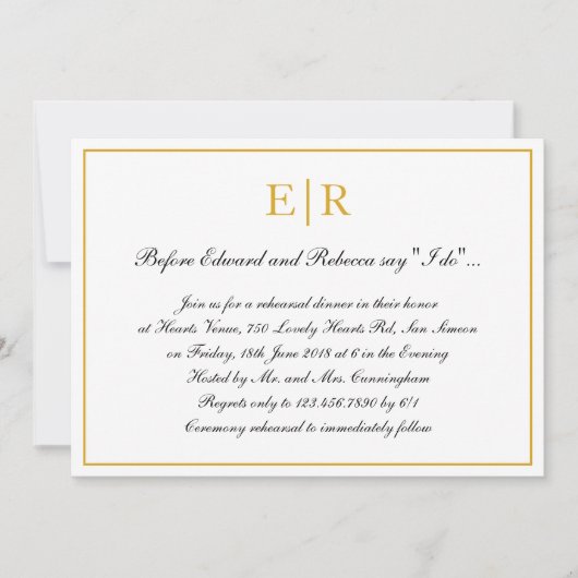 Invitation Calligraphie Formelle Monogramme Or Dîner De Répét (Devant)