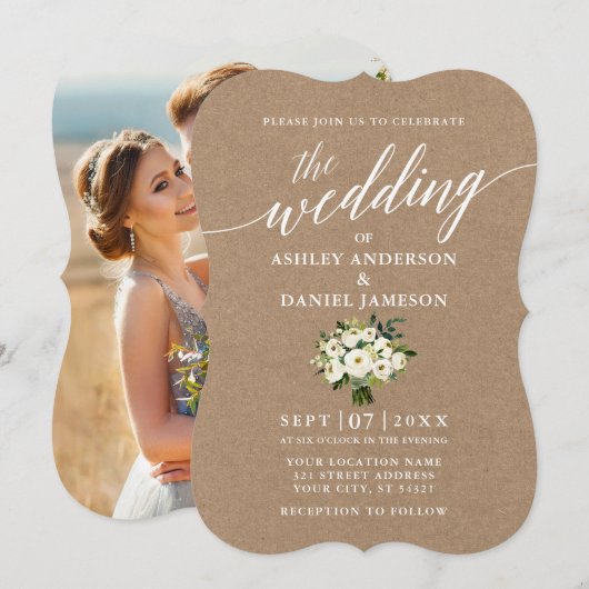 Invitation Calligraphie Green Floral Mariage Photo Kraft (Devant / Derrière)