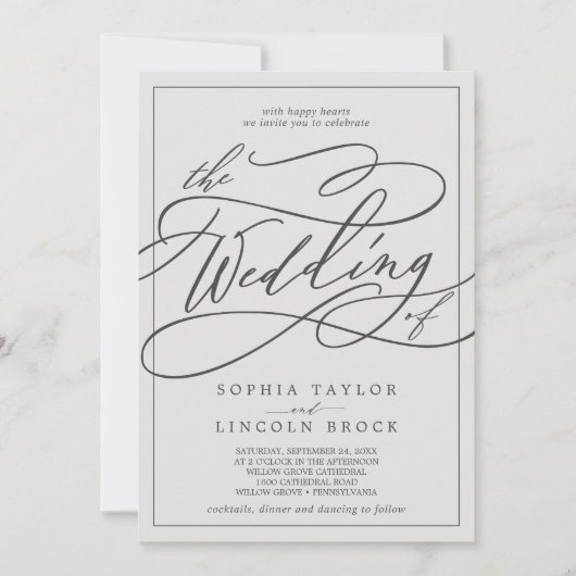 Invitation Calligraphie gris romantique | Frame Le Mariage De (Devant)