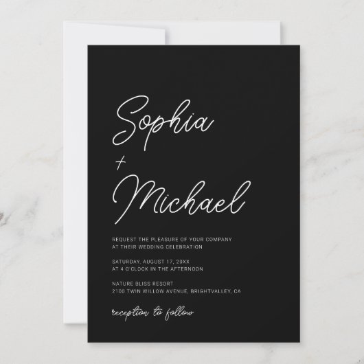 Invitation Calligraphie Joueuse moderne Mariage noir blanc (Devant)