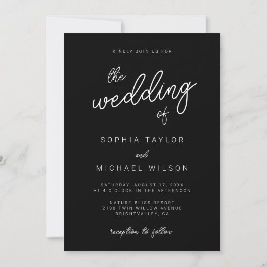 Invitation Calligraphie Joueuse moderne Mariage noir blanc (Devant)
