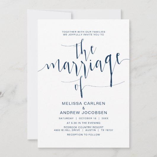 Invitation Calligraphie Mariage, bleu marine simple, mariage (Devant)