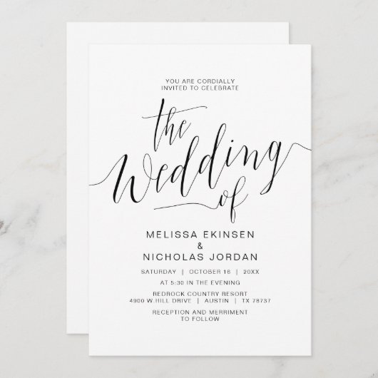 Invitation Calligraphie mariage, Décontracté noir simple (Devant / Derrière)