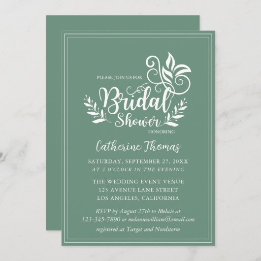 Invitation Calligraphie Mariage décorative verte Sage (Devant / Derrière)
