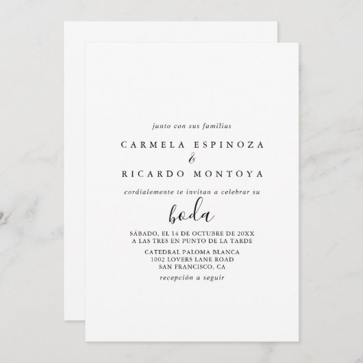 Invitation Calligraphie Mariage espagnol noir et blanc (Devant / Derrière)