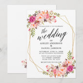 Invitation Calligraphie Mariage géométrique rose Blush Floral (Devant / Derrière)