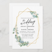 Invitation Calligraphie Mariage Gold Frame Eucalyptus Vert (Devant / Derrière)