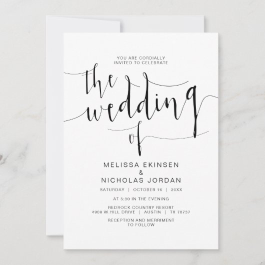Invitation Calligraphie Mariage, script noir simple, (Devant)