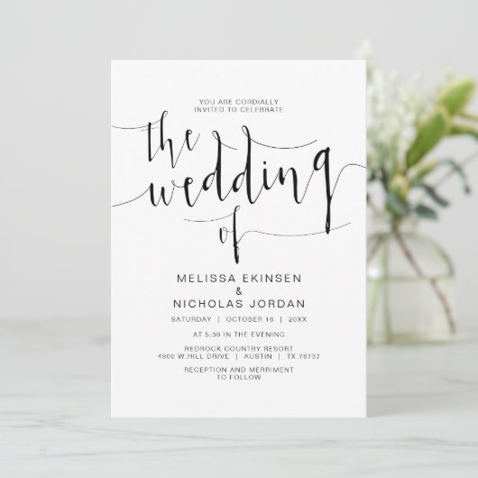 Invitation Calligraphie Mariage, script noir simple, (Debout devant)