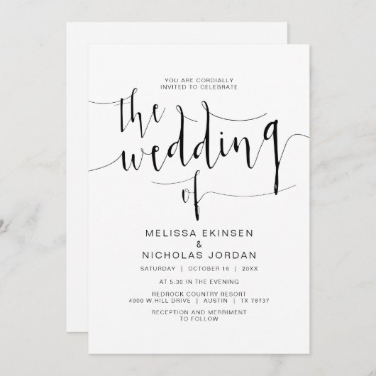 Invitation Calligraphie Mariage, script noir simple, (Devant / Derrière)