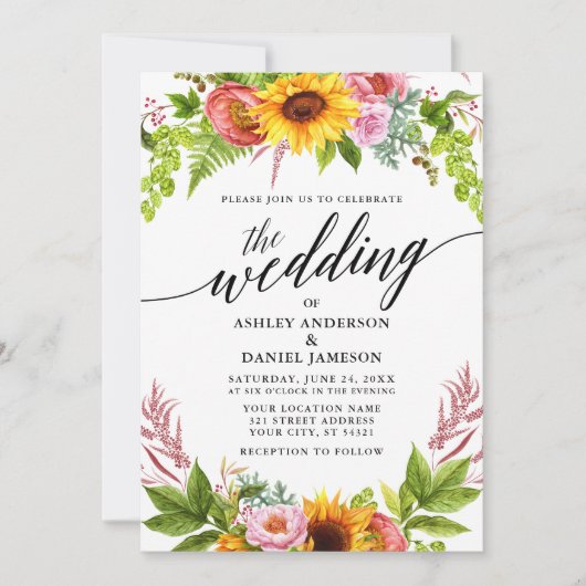 Invitation Calligraphie mariage Sunflower Boho Floral (Devant)