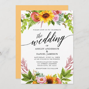 Invitation Calligraphie mariage Sunflower Boho Floral