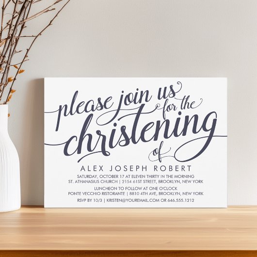 Invitation Calligraphie marine et crème Christening Invitatio