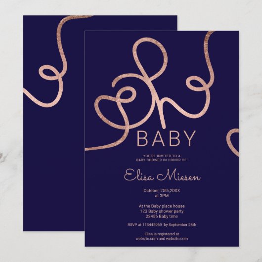 Invitation Calligraphie marine rose moderne or Oh baby shower (Devant / Derrière)