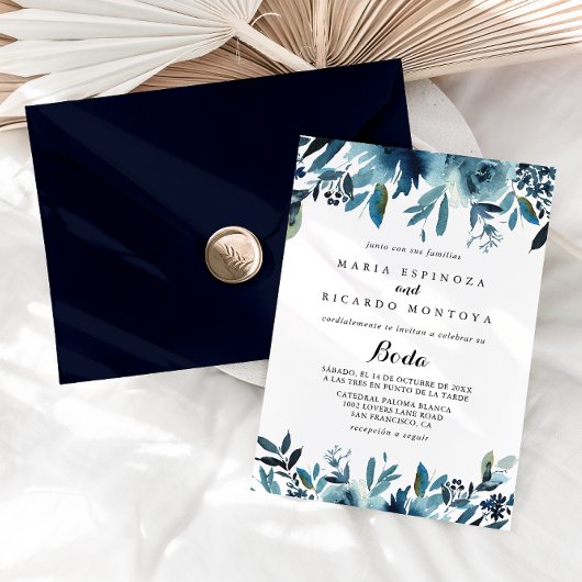 Invitation Calligraphie minimaliste bleu Floral Mariage espag