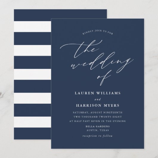 Invitation Calligraphie minimaliste bleu marine | MARIAGE (Devant / Derrière)