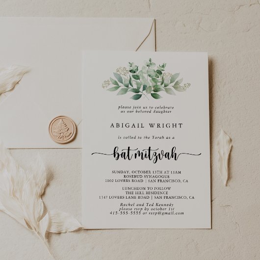 Invitation Calligraphie minimaliste Eucalyptus Bat mitzvah