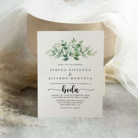 Invitation Calligraphie minimaliste Eucalyptus Boda vert