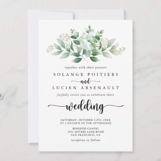 Invitation Calligraphie minimaliste Mariage d'eucalyptus vert (Devant)