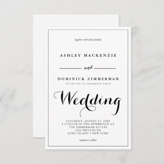 Invitation Calligraphie minimaliste Mariage frontière noire (Devant / Derrière)