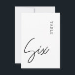 Invitation Calligraphie minimaliste Tableau six Numéro de tab<br><div class="desc">Cette carte de numéro de table minimaliste de calligraphie est idéale pour tout mariage. La carte est recto-verso. Les produits correspondants se trouvent dans ma collection de Mariages de fleurs bohème moderne. D'autres numéros de table (de 1 à 20) de la même conception sont également disponibles, consultez la collection de...</div>