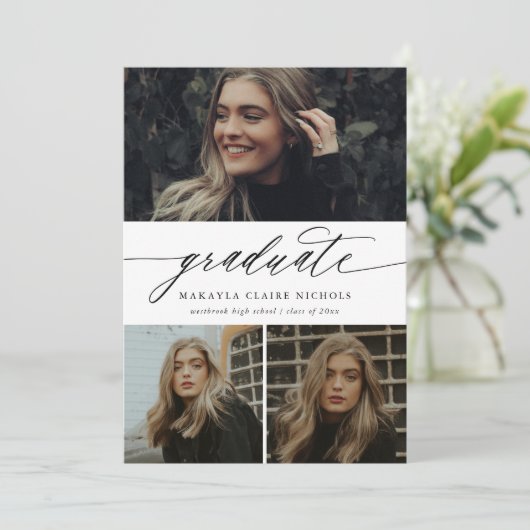 Invitation Calligraphie moderne Blanc Trois Photo Graduation (Debout devant)