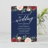 Invitation Calligraphie moderne Bourgogne Floral Mariage bleu (Debout devant)