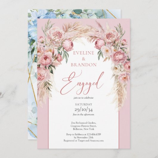 Invitation Calligraphie moderne brush peonys boho arch sage (Devant / Derrière)