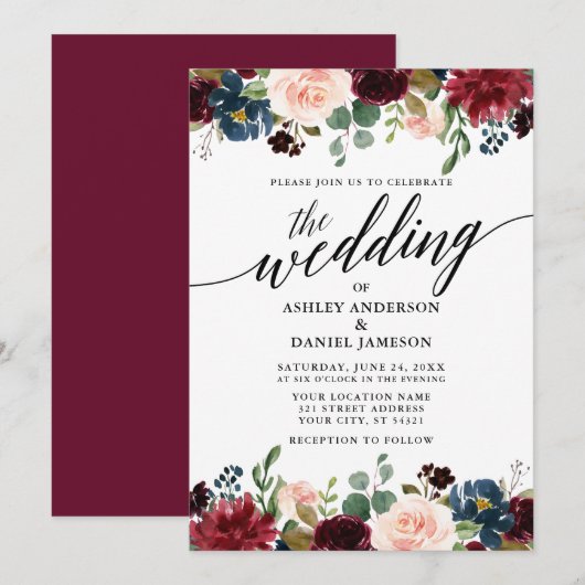Invitation Calligraphie moderne Burgundy Blue Floral Mariage (Devant / Derrière)