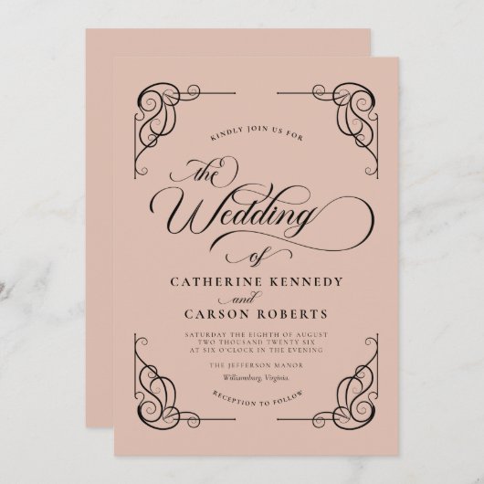 Invitation Calligraphie moderne classique Beige & noir Script (Devant / Derrière)