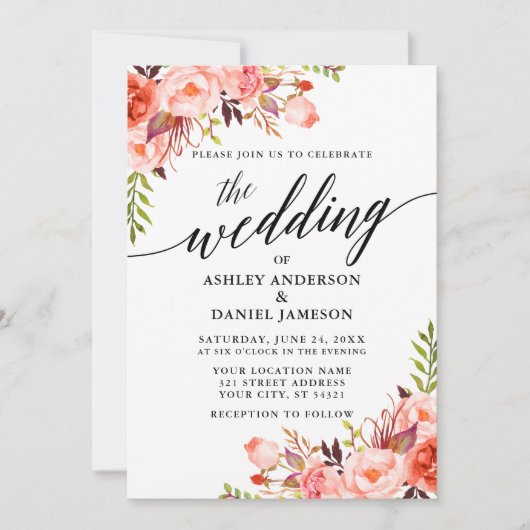 Invitation Calligraphie moderne Coral Floral Mariage (Devant)